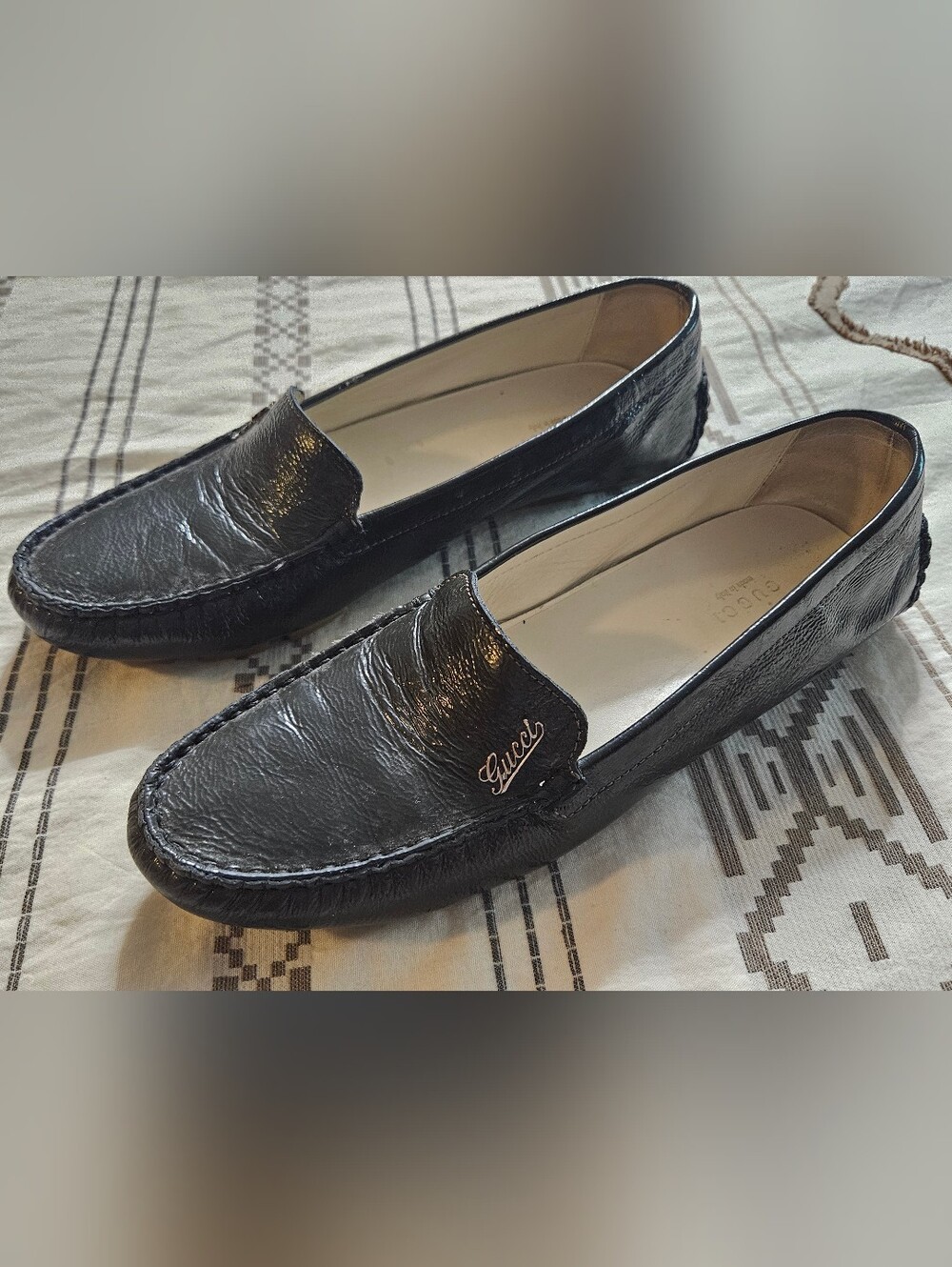 Authentic Gucci Dark Green Leather Script Logo Driving Moccasins Loafers 7 - 7.5